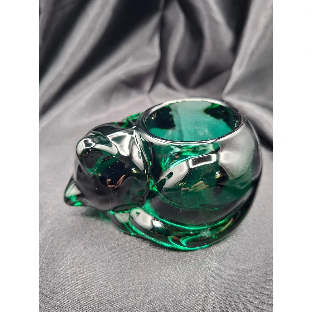 Vintage Emerald Green Art Glass Sleeping Cat Votive Candle Holder Figurine